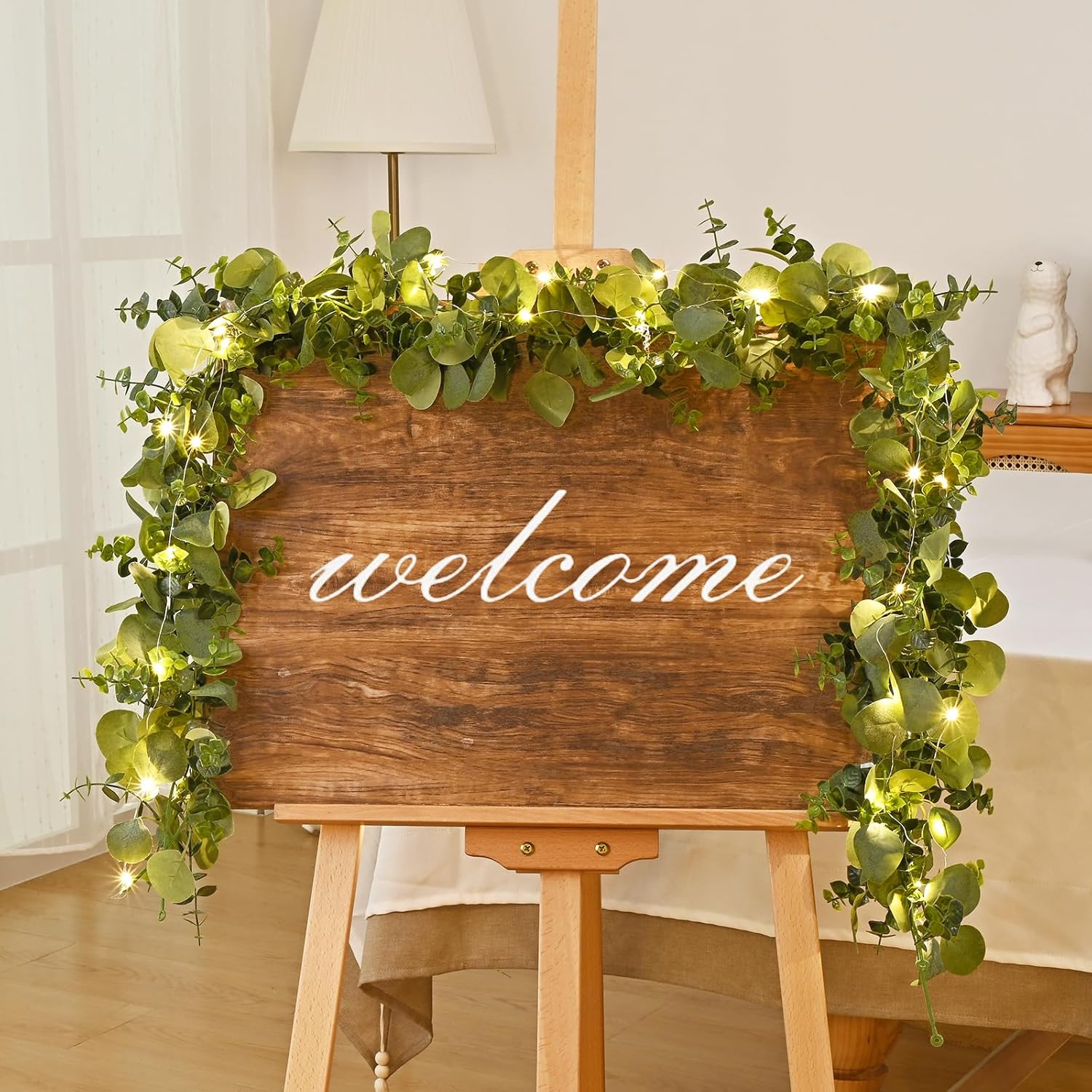 Dolicer 4 Packs 6FT Artificial Eucalyptus Garland with LED Light String, Faux Greenery Garland Hanging Fake Silver Dollar Eucalyptus Leaves Vines for Wedding Backdrop Arch Table Wall Party Home Decor