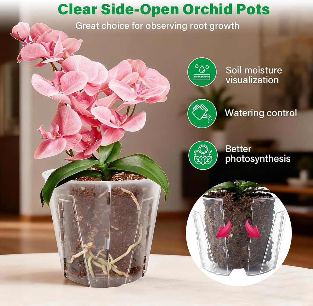 5 Inch Side-Open Orchid Pots 12 Pack, Clear Plastic Nursery Planters with Detachable Side Walls for Easy Repotting, Breathable Slotted Flower Pots with Drainage for Root Health