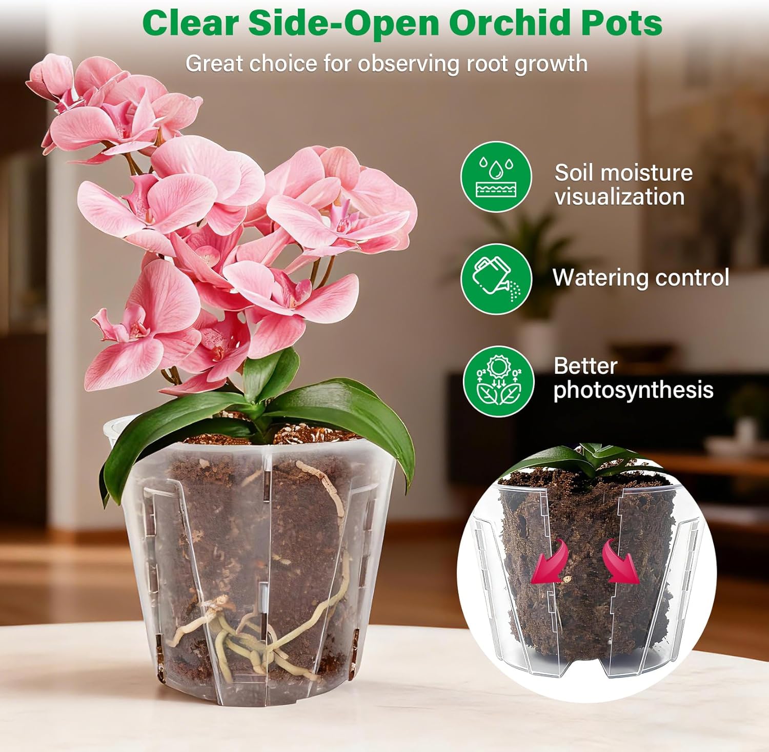5 Inch Side-Open Orchid Pots 12 Pack, Clear Plastic Nursery Planters with Detachable Side Walls for Easy Repotting, Breathable Slotted Flower Pots with Drainage for Root Health