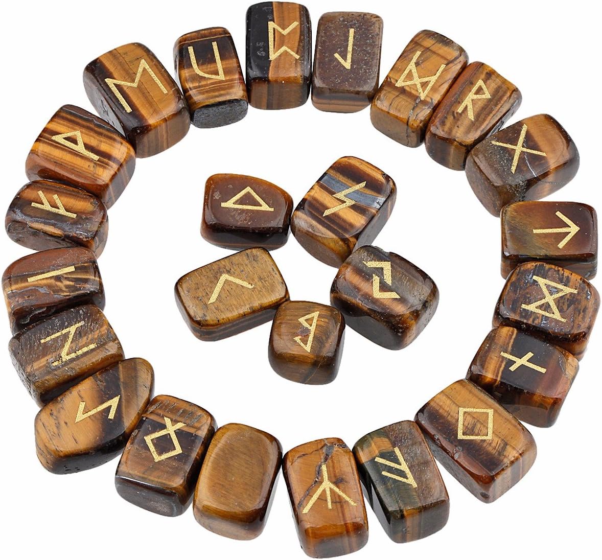 rockcloud Tiger's Eye Rune Stones Tumbled Engraved Lettering Crystal Set for Wicca Crystals Healing Chakra Reiki