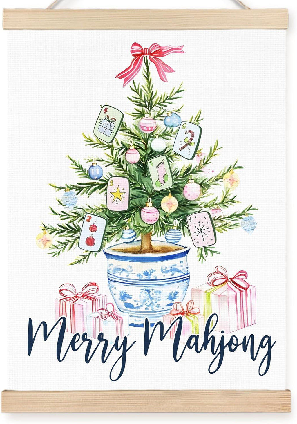 FDHSPAAM Chinoiserie Christmas Mahjong Tree Wall Art Decor, Gifts for Mahjong Players Lovers, Preppy Grandmillennial Christmas Tree Wall Art Posters for Home Bedroom Living Room, 12x16 Inch