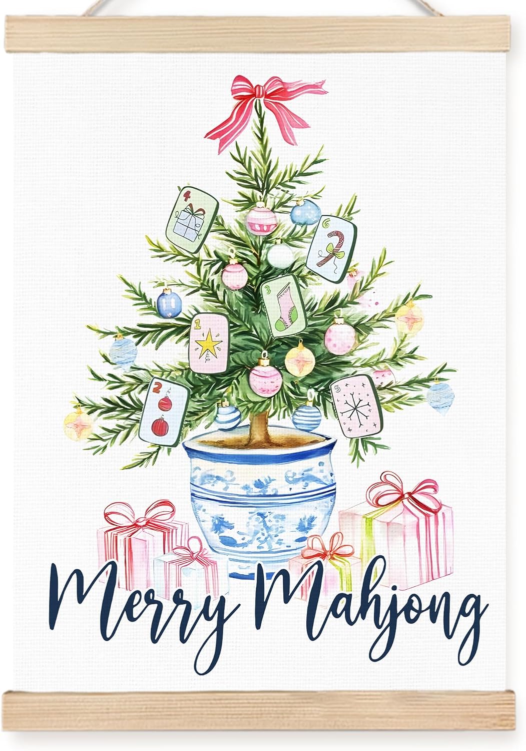 FDHSPAAM Chinoiserie Christmas Mahjong Tree Wall Art Decor, Gifts for Mahjong Players Lovers, Preppy Grandmillennial Christmas Tree Wall Art Posters for Home Bedroom Living Room, 12x16 Inch
