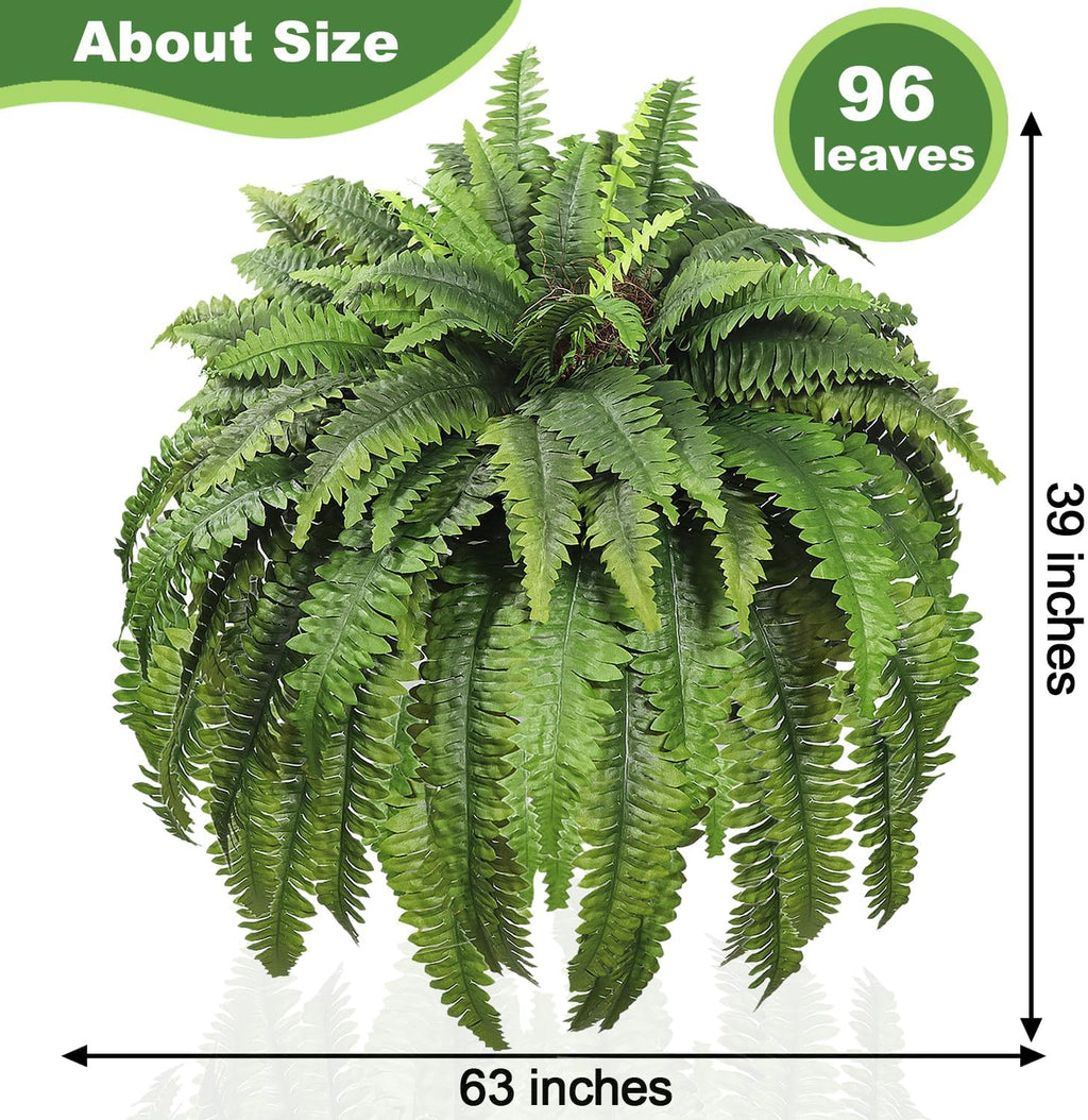 Large Artificial Ferns for Outdoor 96 Fronds Fake Boston Fern Faux Ferns Plant Silk Greenery for Indoors Home Garden Porch Windowsill Decor (1 Stem)
