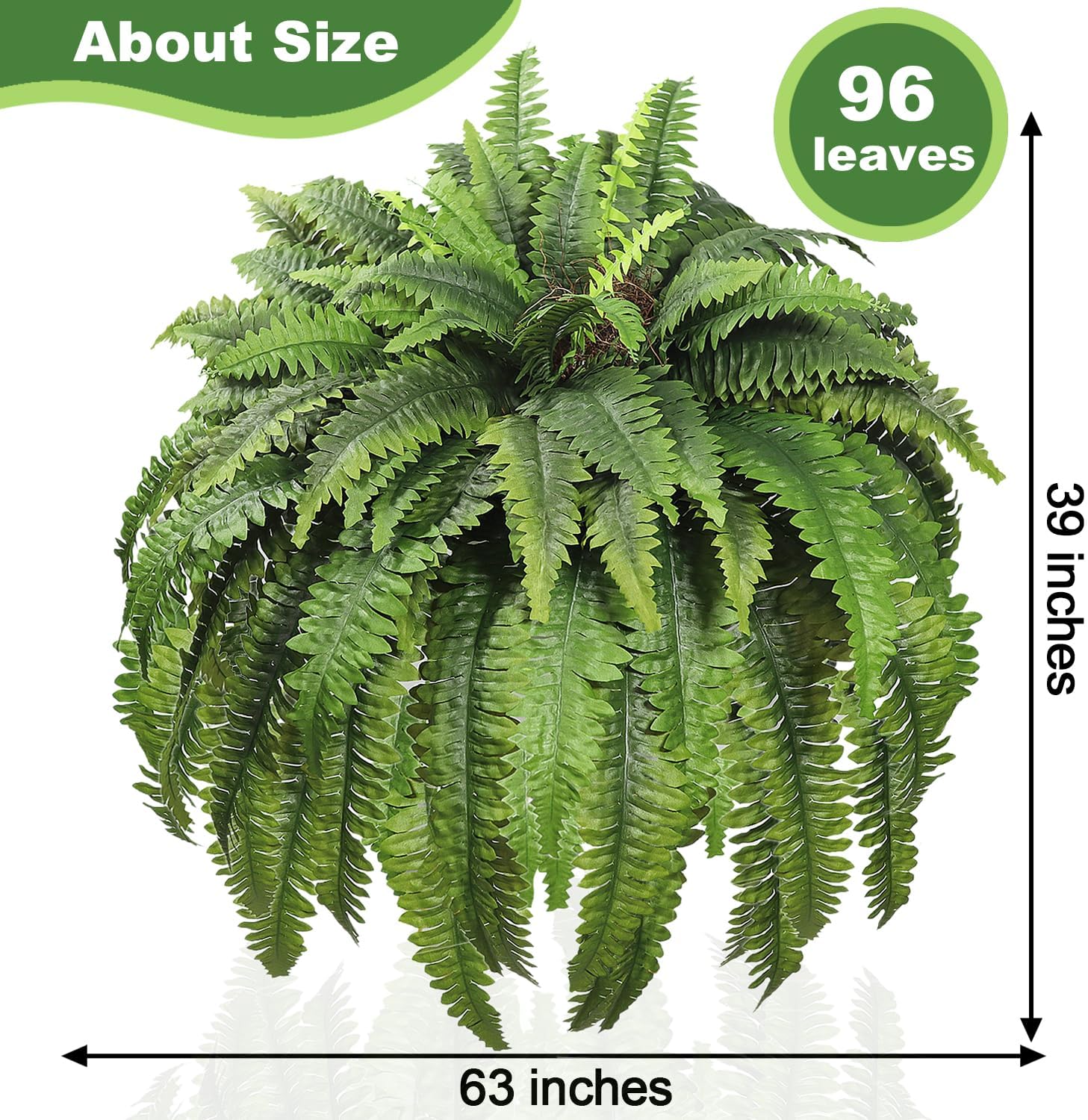 Large Artificial Ferns for Outdoor 96 Fronds Fake Boston Fern Faux Ferns Plant Silk Greenery for Indoors Home Garden Porch Windowsill Decor (1 Stem)
