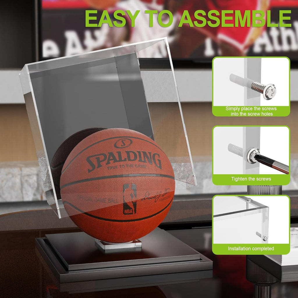 Putros Basketball Display Case with Mirror and Black Metal Grooved Base Acrylic Basketball Case with Transparent Removable Built-in Basketball Display Stand for Autographed Basketball