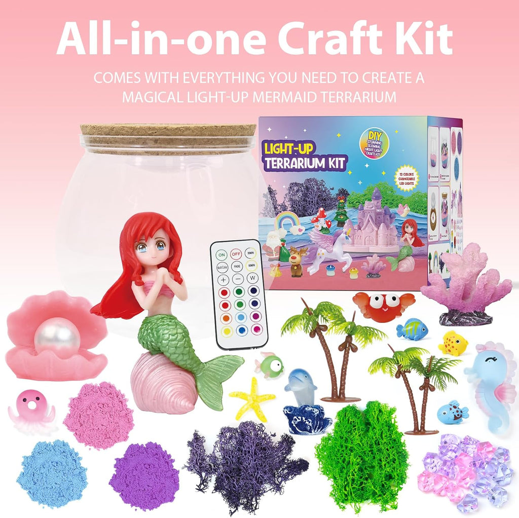 Mermaid Terrarium Kit for Kids - LED Night Light Birthday Gift for Girls Ages 4 5 6 7 8-12 Year Old - Toys for Girl - DIY Arts and Crafts Kit for Kids - Best Girls Presents (Mermaid)