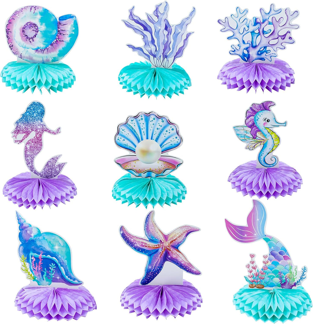 9 PCS Mermaid Honeycomb Centerpieces for Table, Mermaid Birthday Decorations Under The Sea Table Decor Ocean Theme Honeycomb Ornaments for Girl Baby Shower Birthday Party DIY Supplies