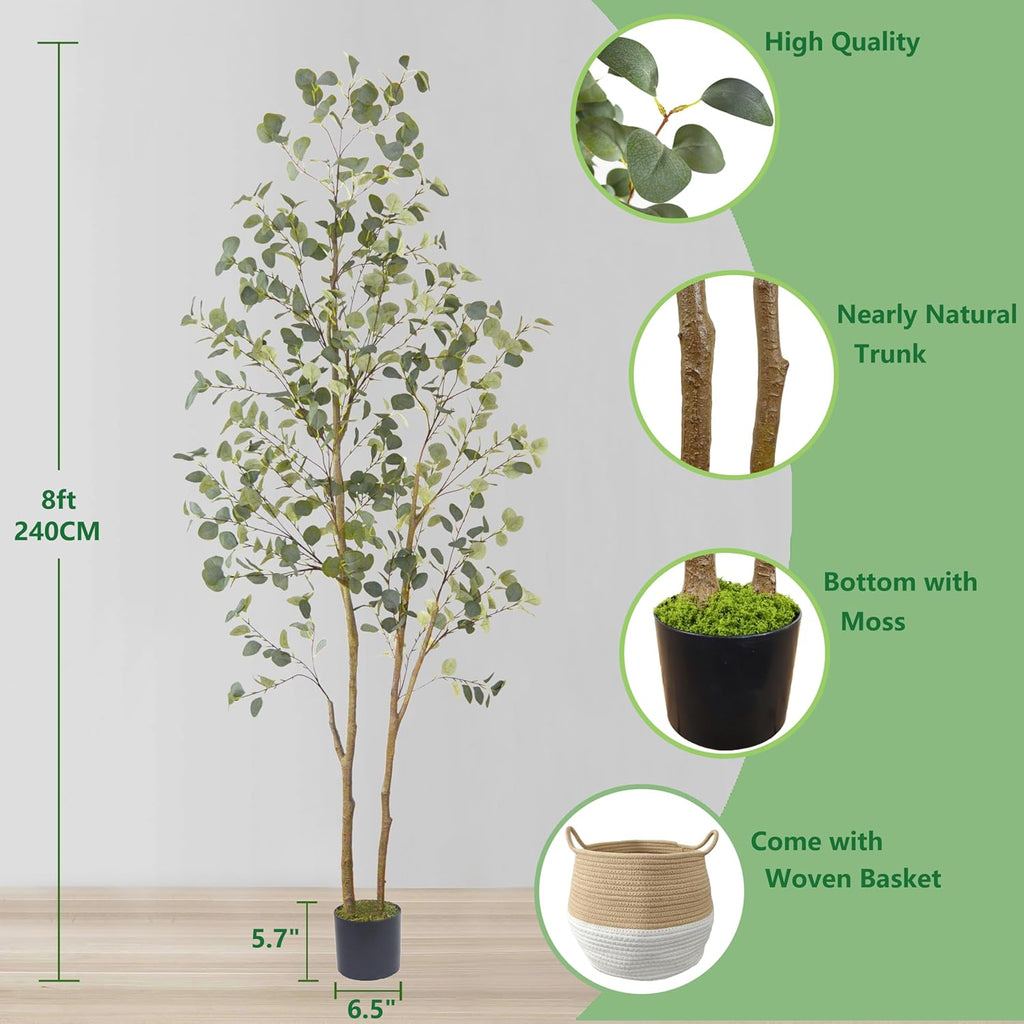 Artificial Eucalyptus Tree, 8ft Large Fake Silk Leaves Eucalyptus Plant with Basket, 96” Faux Tree for Home Office Livingroom Floor Decor Indoor Outdoor