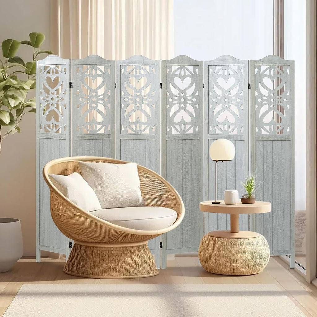 6 Panel Wood Room Divider 5.6Ft Carved Room Divider and Folding Privacy Screen, Minimalism Portable Partition Screen Divider for Room Separation, Room Decoration for Home Office - White
