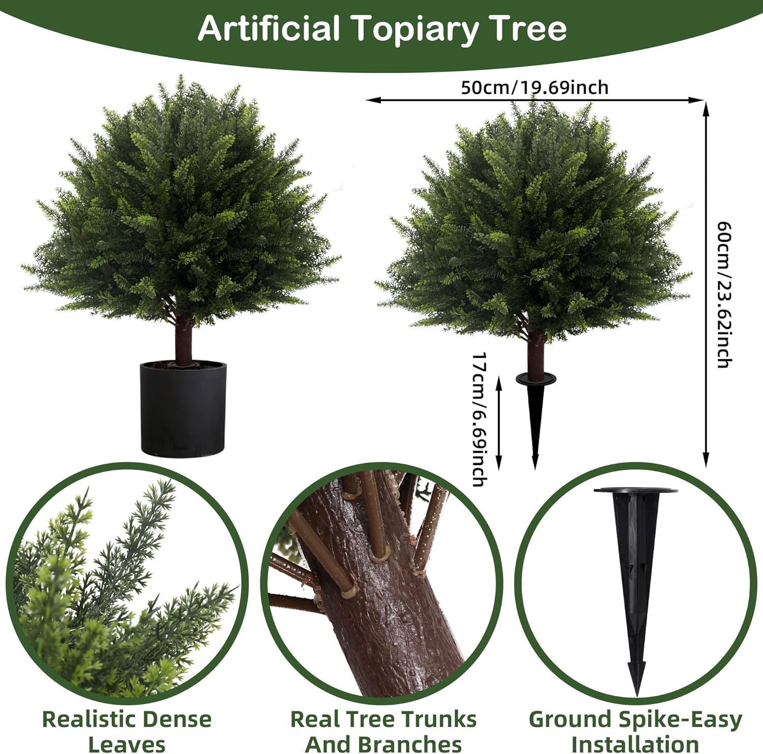 Set of 2 Artificial Cypress Trees, Artificial Cedar Topiary Ball Trees,23 Inch UV Resistant Fake Evergreen Shrubs with Ground Spike for Outdoor Indoor Porch, Garden, Planters