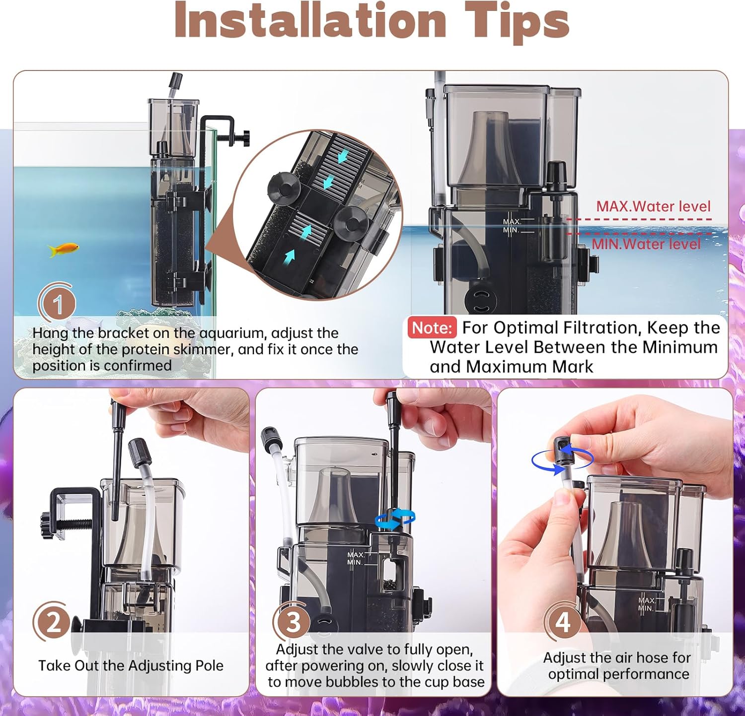AQQA Aquarium Protein Skimmer for Saltwater Fish Tank Nano Surface Skimmer Filter Pump 79GPH Ultra Quiet for 50-80 Gallon Tank