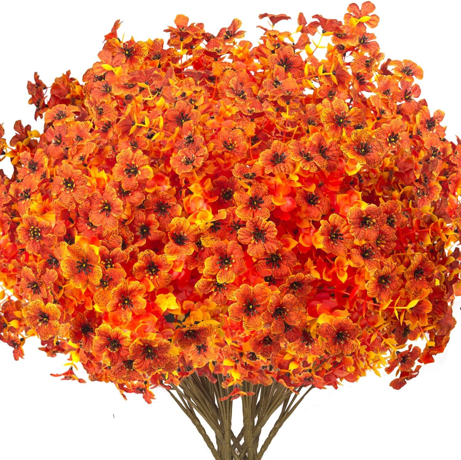 16 Bundles Artificial Fall Flowers for Outdoors Fake Plants UV Resistant Plastic Plants Shrubs Bushes for Home Fall Front Door Porch Garden Autumn Decor (Fall Orange)