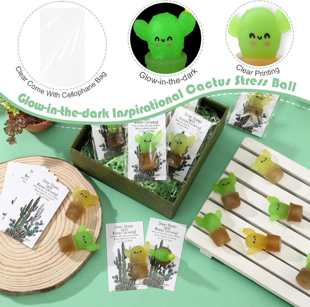 Wettarn 30 Sets Emotional Luminous Cactus Stress Ball Gifts Bulk Office Christmas Appreciation Gift Cute Cactus Squeeze Funny Mini Stress Relief Ball Positive Cards for Coworker Employee Nurse Staff