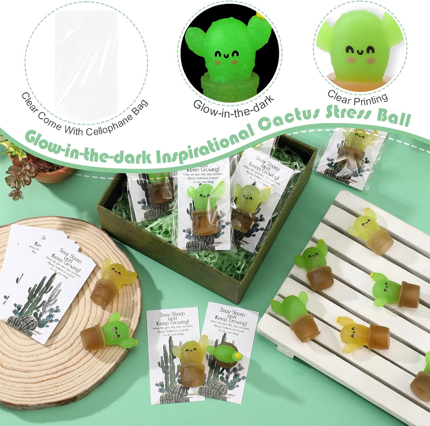 Wettarn 30 Sets Emotional Luminous Cactus Stress Ball Gifts Bulk Office Christmas Appreciation Gift Cute Cactus Squeeze Funny Mini Stress Relief Ball Positive Cards for Coworker Employee Nurse Staff