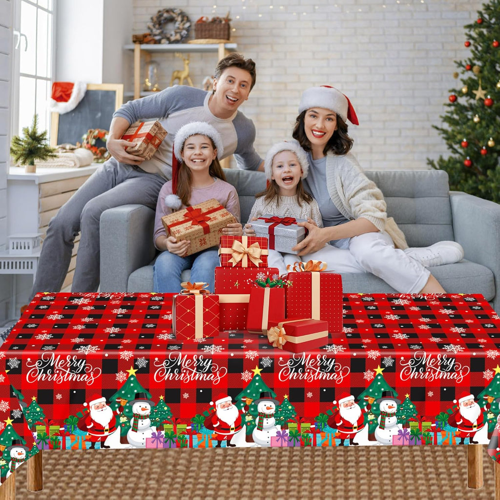 3 Pack Plastic Christmas Tablecloth Red Black Plaid Table Cover Snowman Santa Claus Table Cloth for Xmas Decorations Winter Holiday Party Supplies