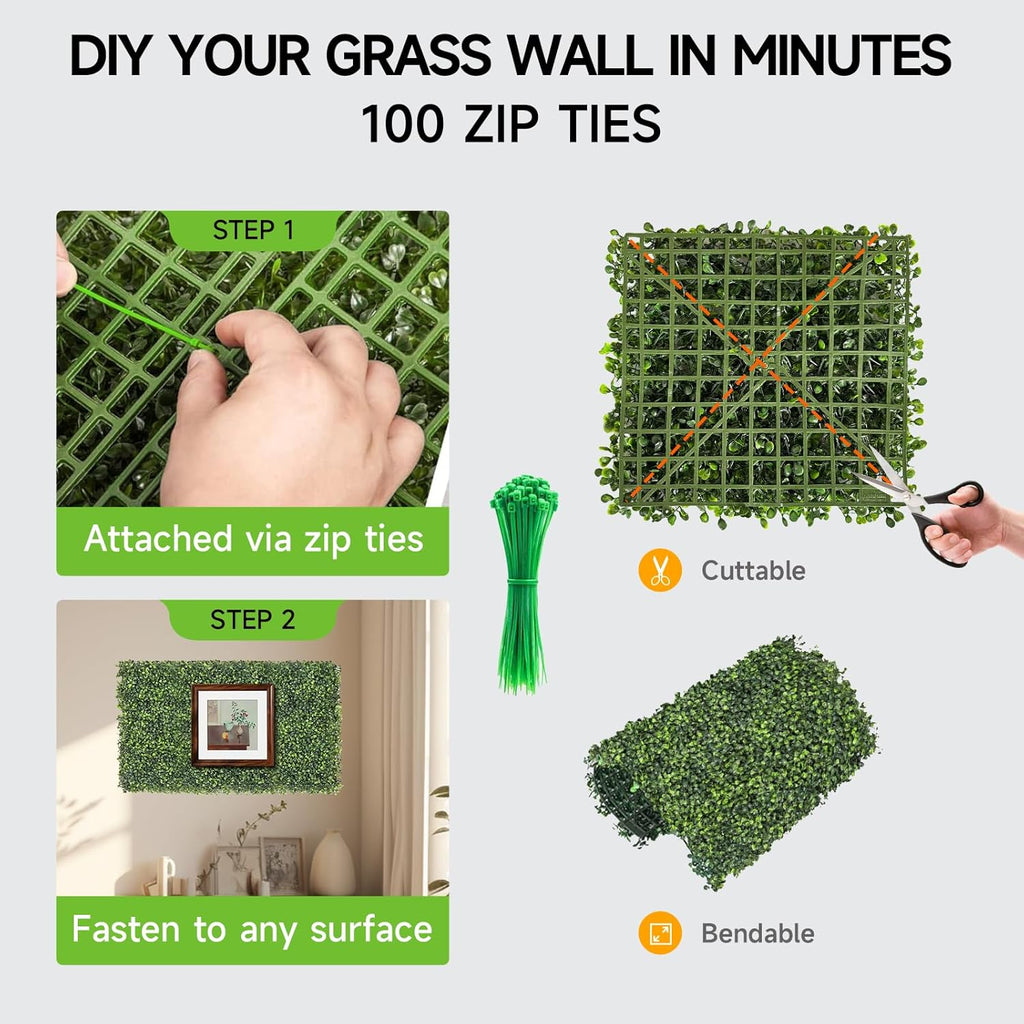 Artificial Grass Wall Panels, 16 PCS 10"x10" Boxwood Hedge Wall Panels with 100 Zip Ties, Boxwood Panels Backdrop for Outdoor Indoor Decorative Garden Fences Backyard Patio Privacy Hedge
