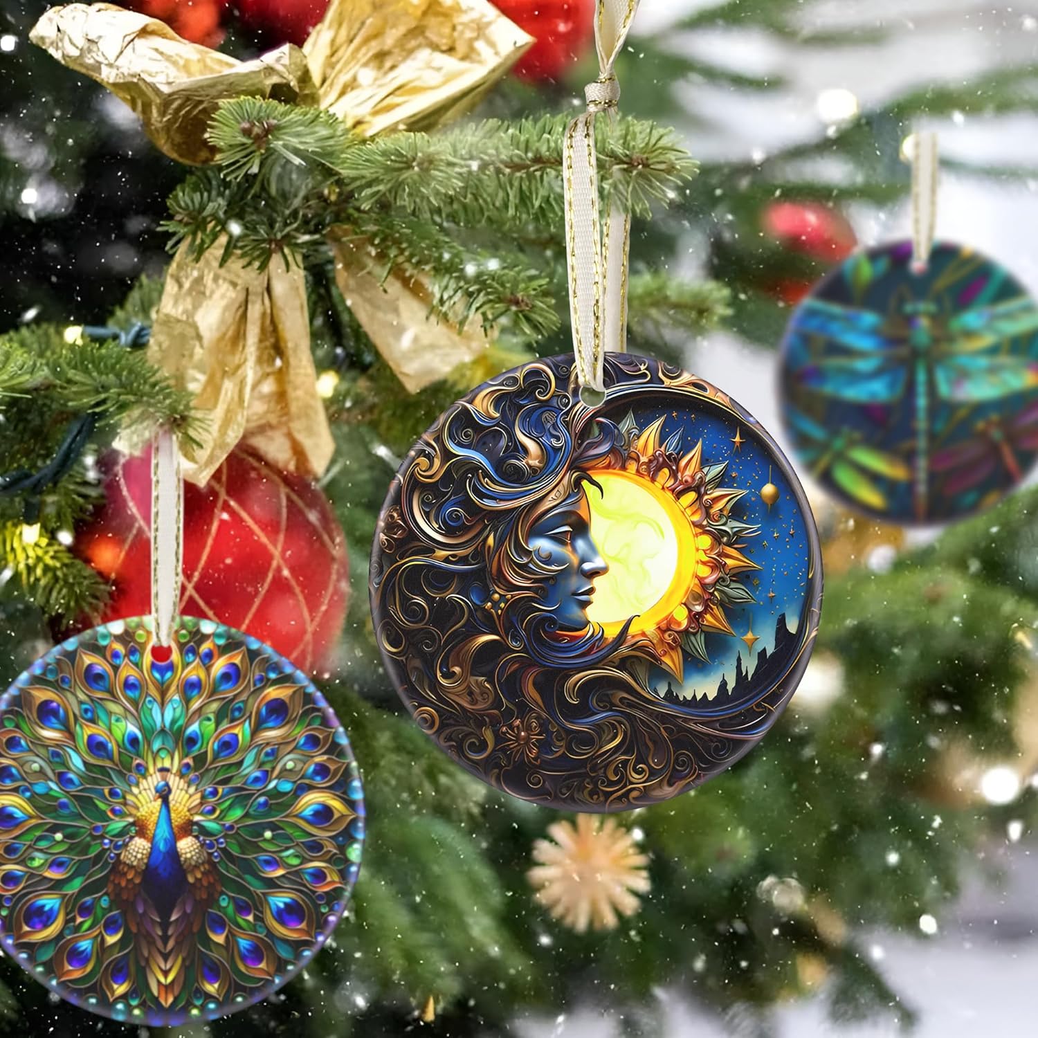2025 Ornament, Christmas Ornaments, Round Ceramic, Christmas Decor, Holiday Ornament, Gift Idea, Gift Exchange, Gifts for Friends - Sun and Moon