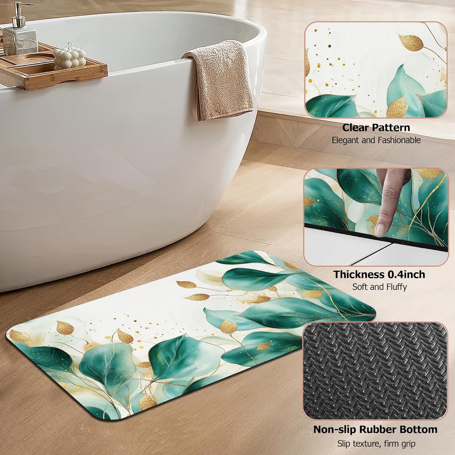 Eucalyptus Gree Bathroom Rugs,Bath Mats for Bathroom,Gold Foil Low Pile Absorbent Bath Mat,Rubber Backing Non Slip Washable Thin Quick Dry Door Mat 17x29.5 Inch
