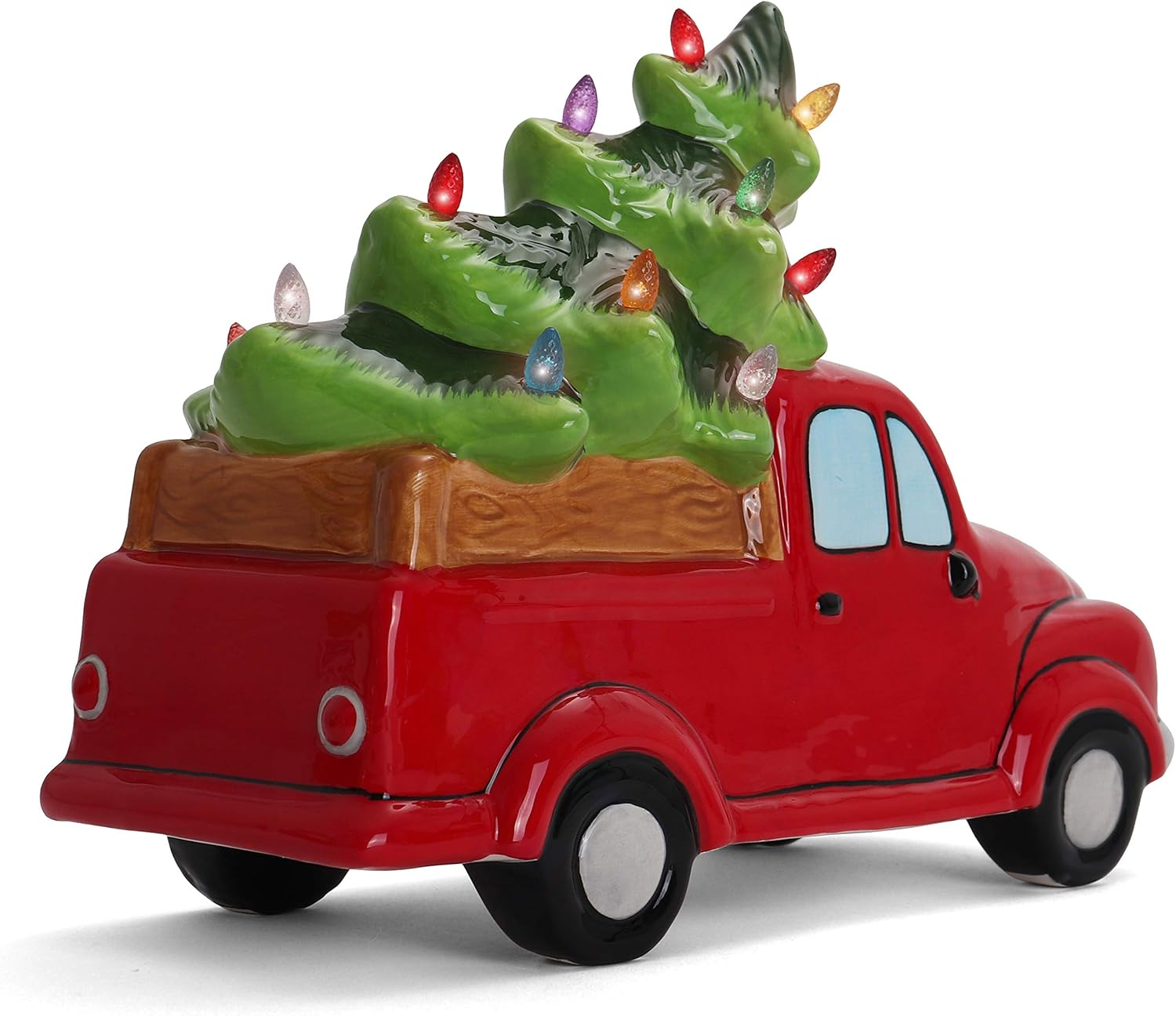 Milltown Merchants Ceramic Christmas Tree in Vintage Truck - Nostalgic Tabletop Decor - (11" Red Truck/Multicolored Lights)