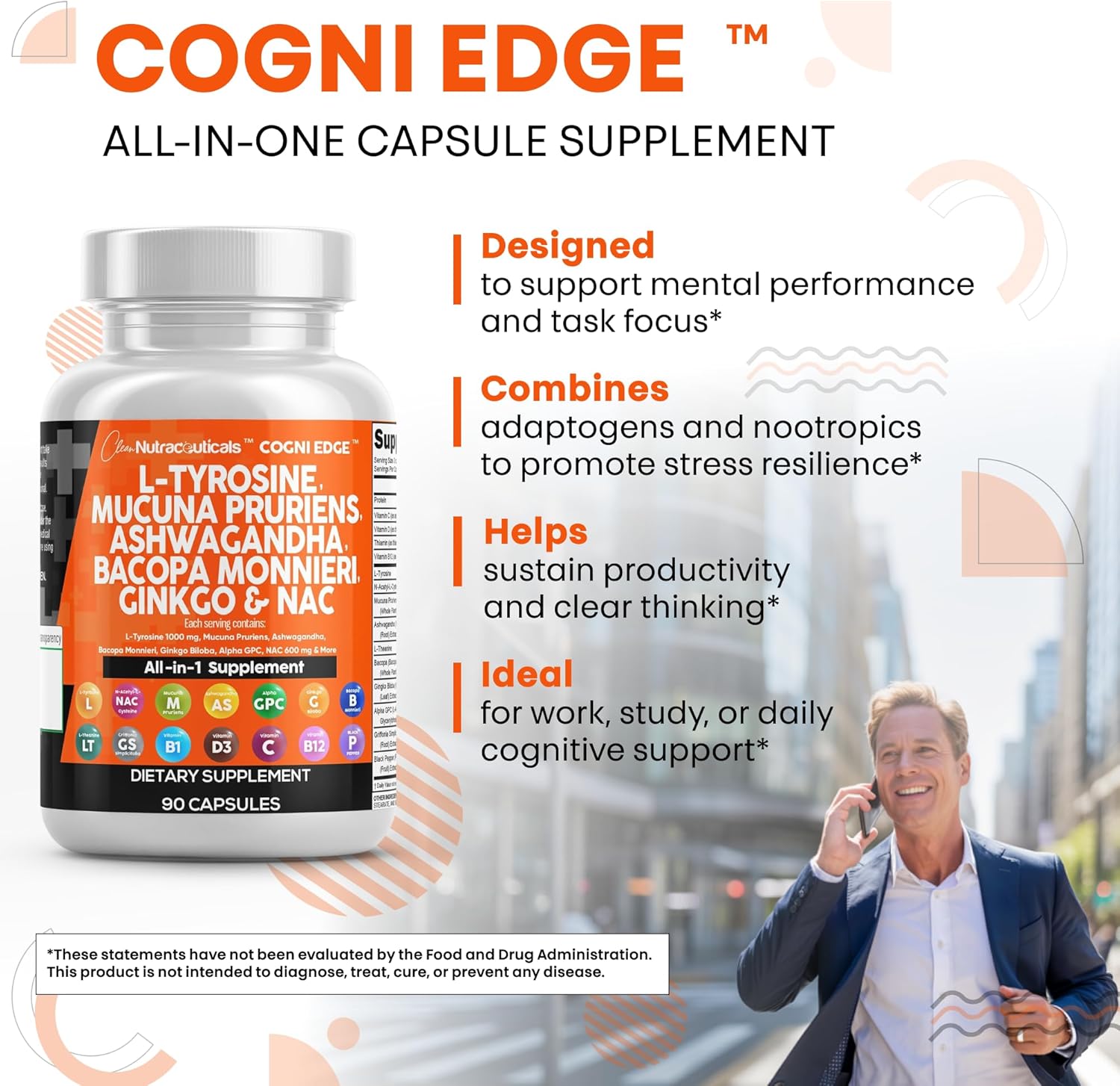 Clean Nutraceuticals L Tyrosine Mucuna Pruriens Bacopa Monnieri Ashwagandha Focus Supplement w/N-Acetyl Cysteine NAC 5-HTP Ginkgo Biloba Alpha GPC Vitamin C D B1 B12