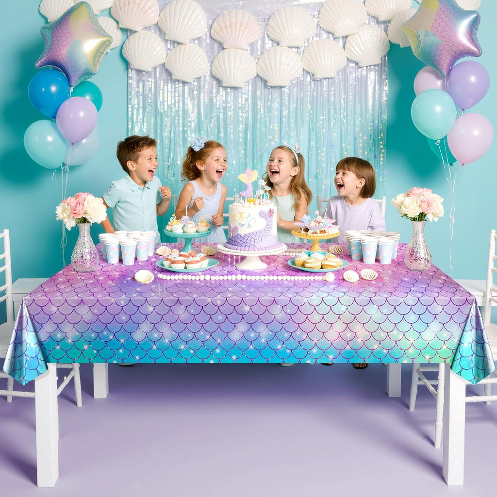 2 Pack Mermaid Tablecloth, 54x 108” Blue & Purple Disposable Table Cover, Fish Scale Design, Plastic Party Decoration for Under The Sea, Princess, Baby Shower, Kids Birthday