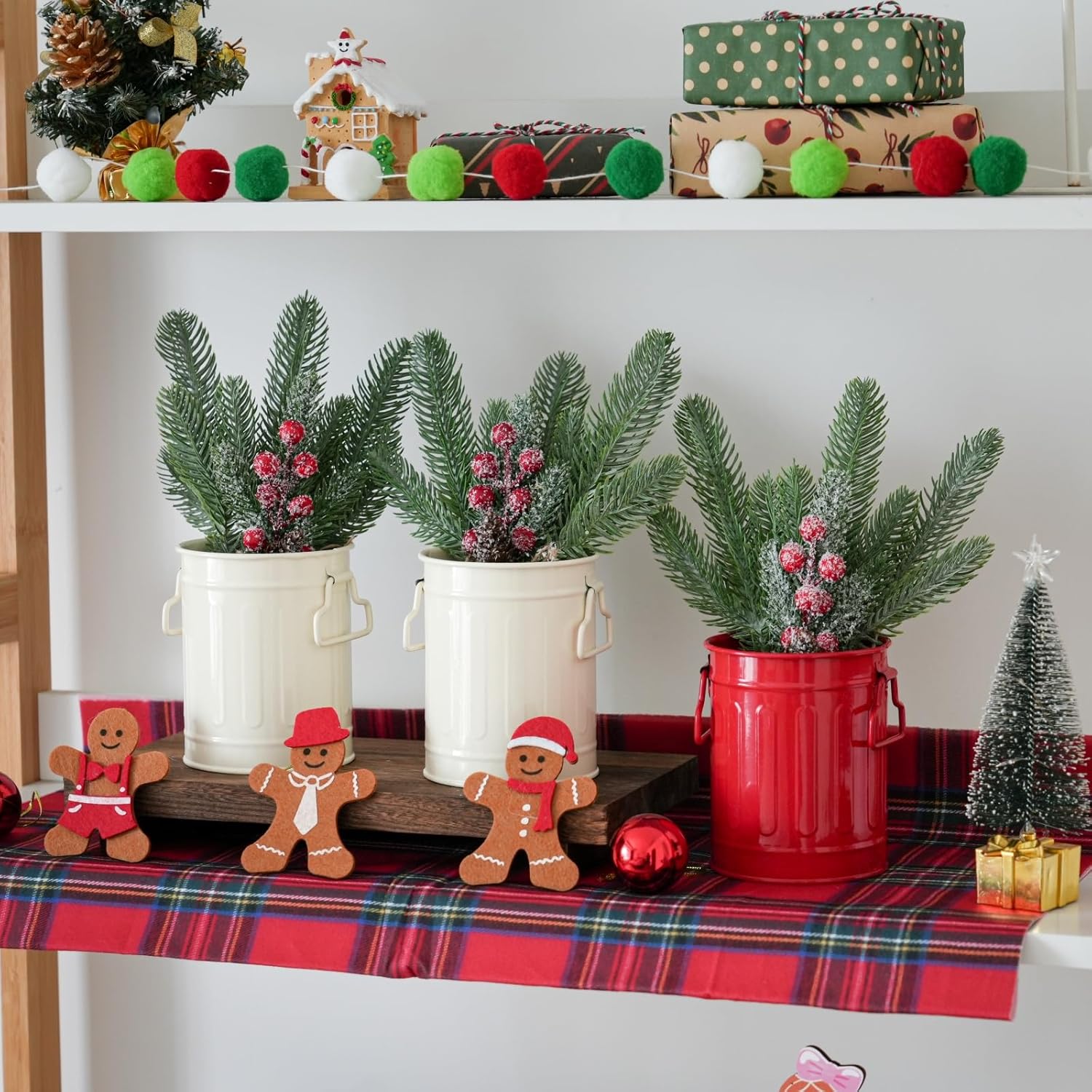 Christmas Centerpieces for Tables, 3 Pack Mini Christmas Artificial Pine Tree with Berries in Metal Pots, Farmhouse Winter Tabletop Xmas Decorations for Home, Mantel Red