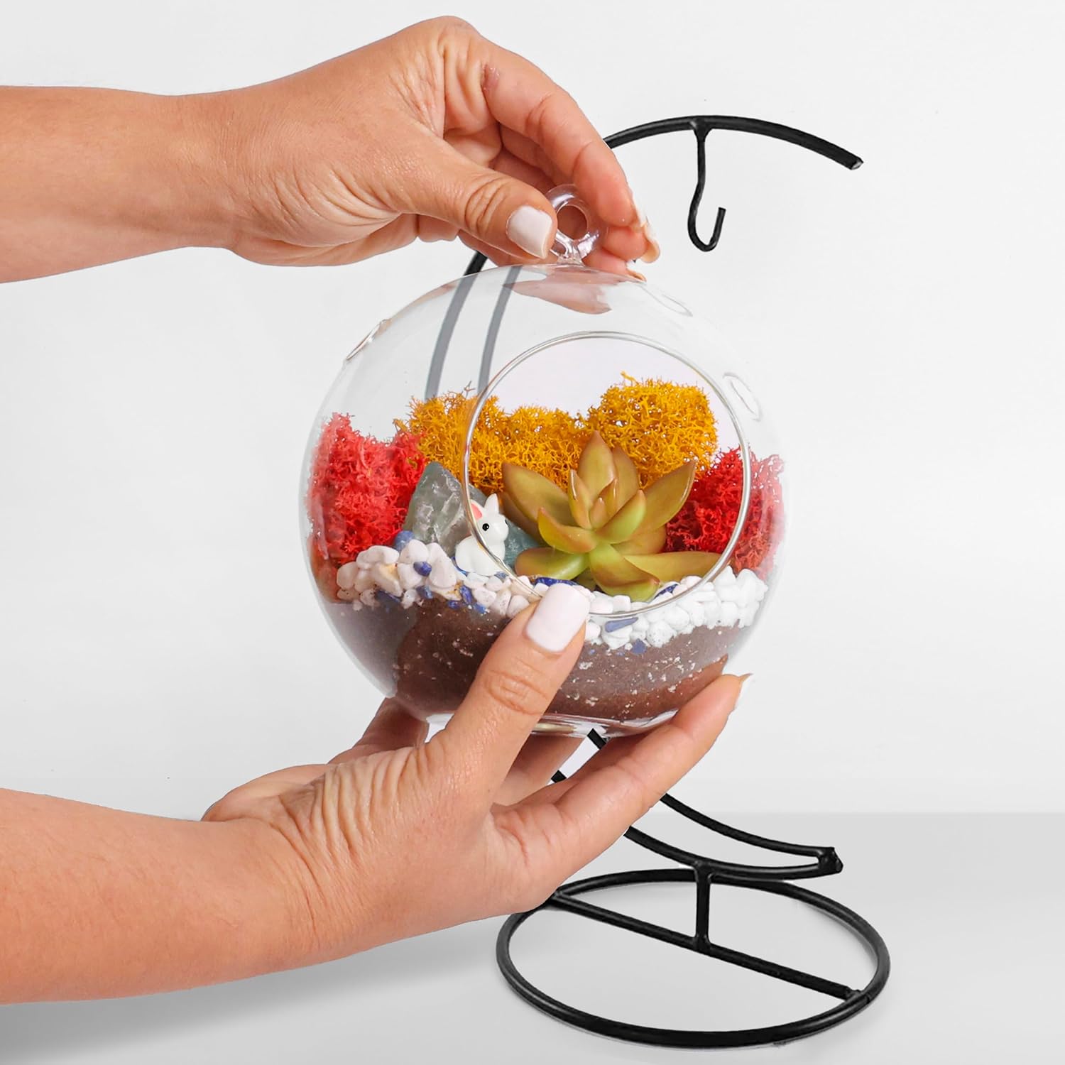 5" DIY Globe Terrarium Kit - Hanging Glass Planter with Stand for Adults & Kids - Build Your Own Mini Ecosystem with Moss, Crystals, Tools & Figurine - Handcrafted in USA