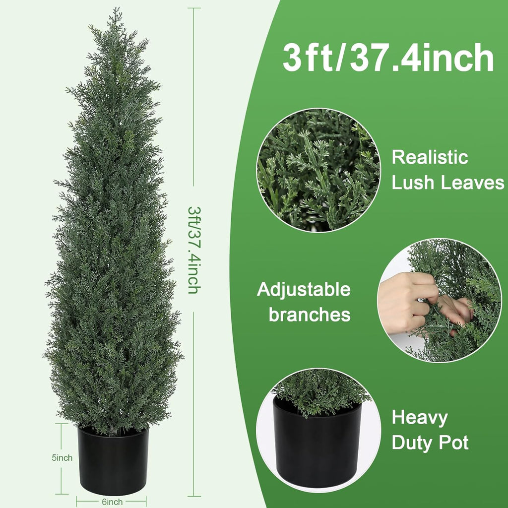 3FT Artificial Topiary Cedar Trees, 2-Pack Realistic Pre-Potted UV Resistant Faux Cypress Plants for Home Porch, Garden, and Entryway Decor