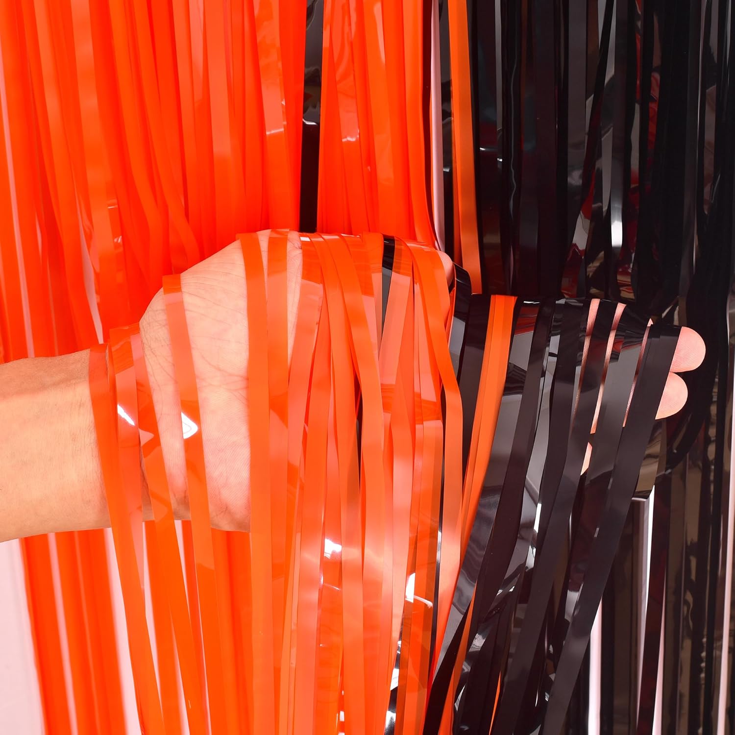 BRAVESHINE Tinsel Photo Backdrop Curtains - 2 Pack 3.2x8.2ft Black Orange Foil Fringe Streamer Curtain for Birthdays/Sports/Basketball/Pumpkins/Home/Office/Indoor/Outdoor Party Decorations