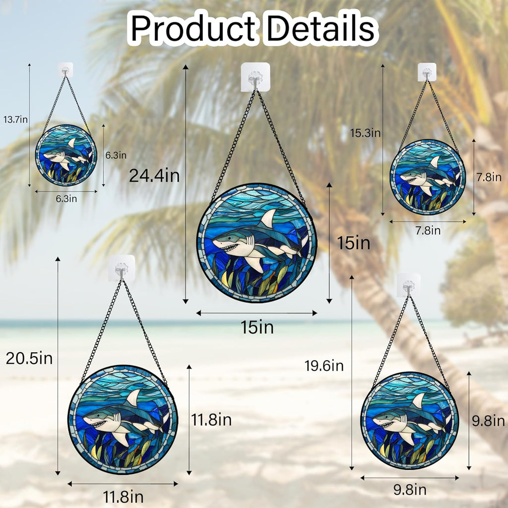 Stained Glass Suncatcher, Blue Ocean Big Shark Sun Catcher Waterweed Stain Glass Window Hanging Decoration Mother's Day Birthday Gifts for Women Men Mom Nana 15 in