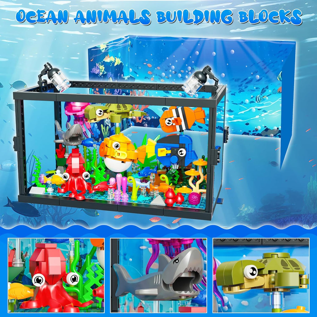 8 in 1 Aquarium Building Sets with Light, Compatible with Lego Fish Tank Building Kits Including Sharks, Turtles, Octopus, Sea Animal Party Favor Toys for Boys Girls Kids Aged 8-12, 640PCS