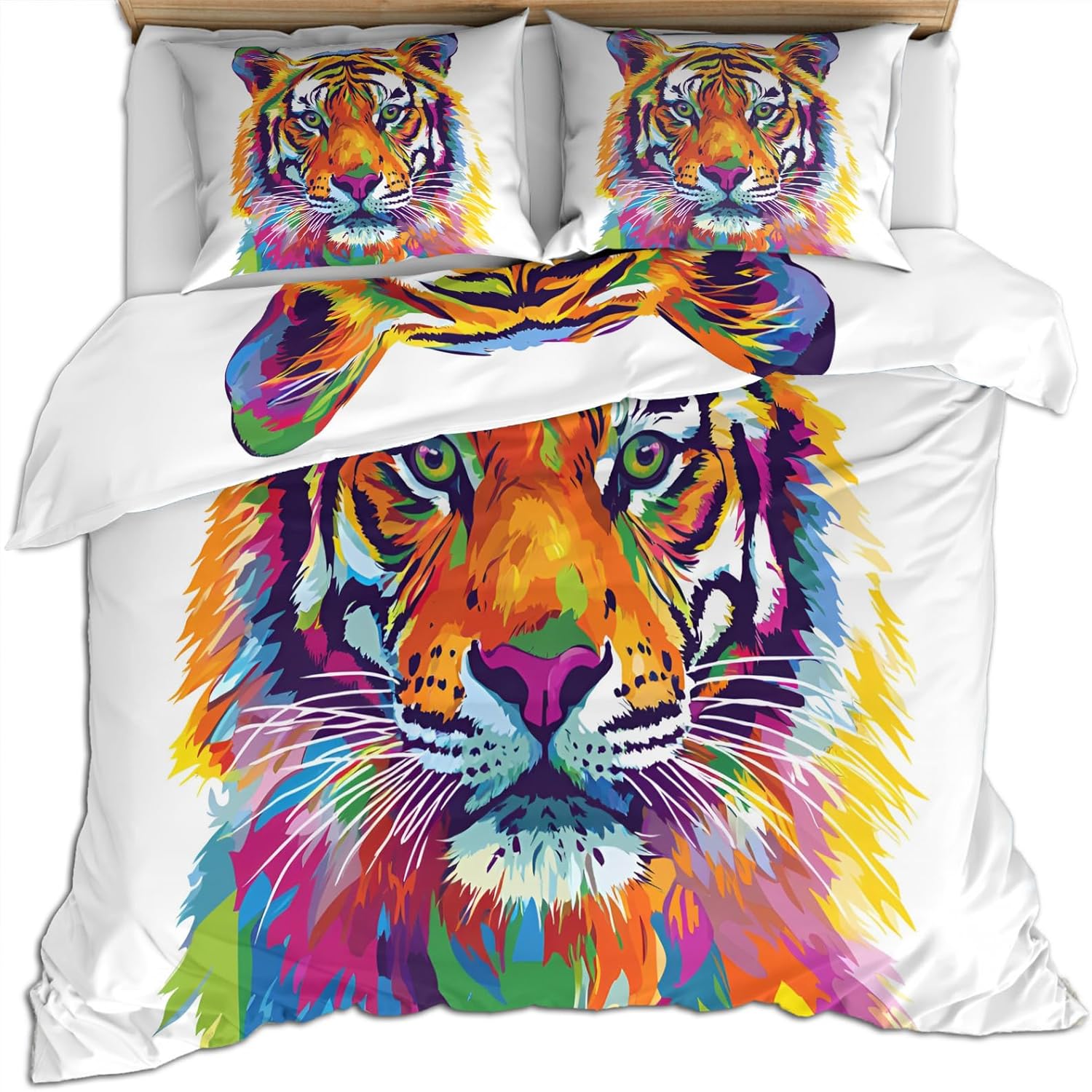 Tiger Duvet Cover Full Size, Tie Dye Tiger Bedding Set 3 Piece Bedroom Decor Colorful Wildlife Comforter Cover and 2 Pillow Sham with Zipper Closure