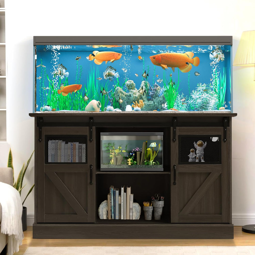55-75 Gallon Aquarium Stand with Power Outlet, Metal Frame Fish Tank Stand with Cabinet Storage and Barn Door, Heavy Duty Reptile Tank Stand, 52" L x 19.7" W Tabletop, 1300LBS Capacity (Brown)