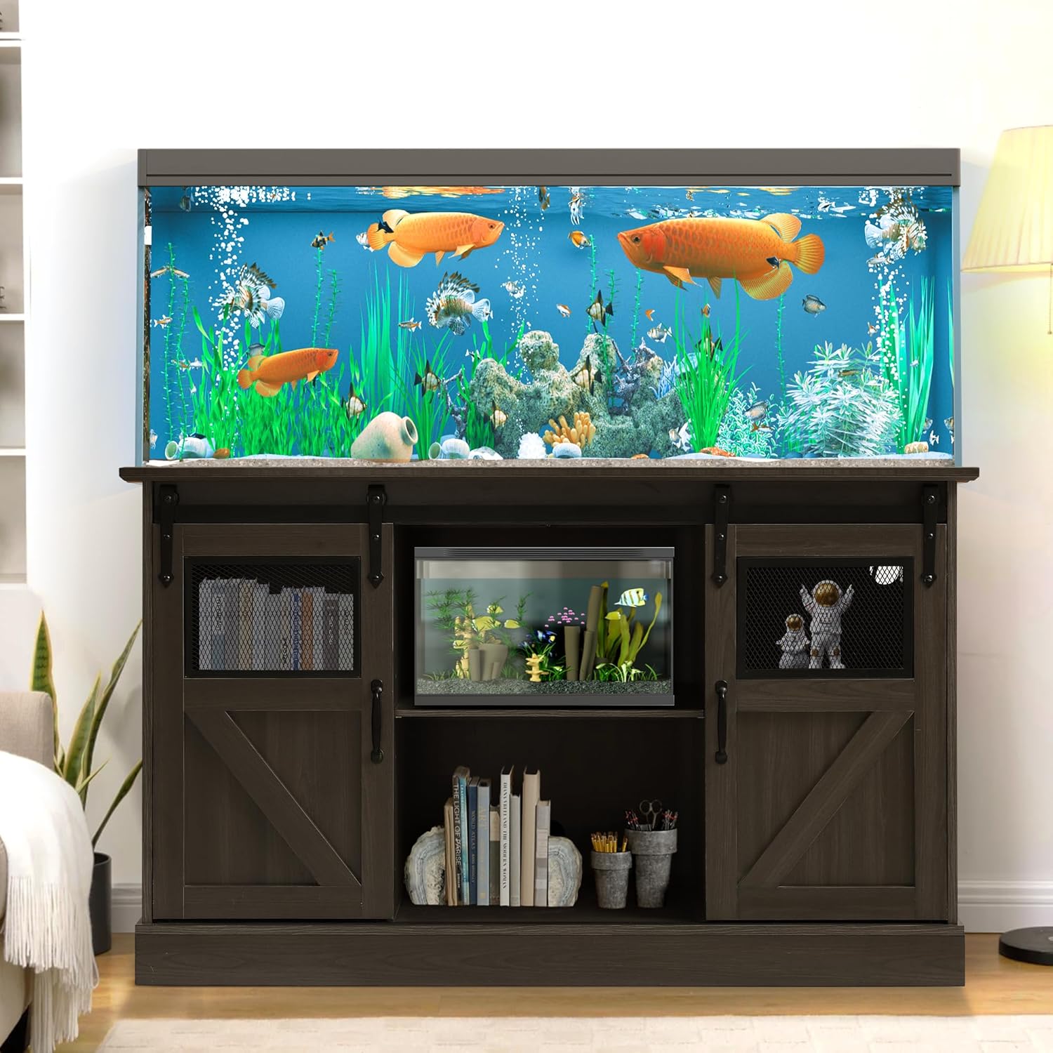 55-75 Gallon Aquarium Stand with Power Outlet, Metal Frame Fish Tank Stand with Cabinet Storage and Barn Door, Heavy Duty Reptile Tank Stand, 52" L x 19.7" W Tabletop, 1300LBS Capacity (Brown)