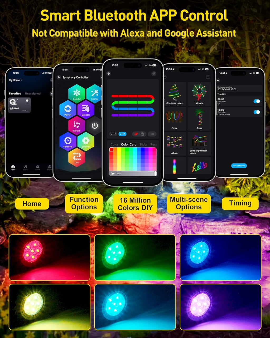 T-SUN Colored Pond Lights with Timer, LED Underwater Submersible Fountain Fish Tank Landscape Lights - Bluetooth APP & Remote Control, IP68 Waterproof (Set of 3)