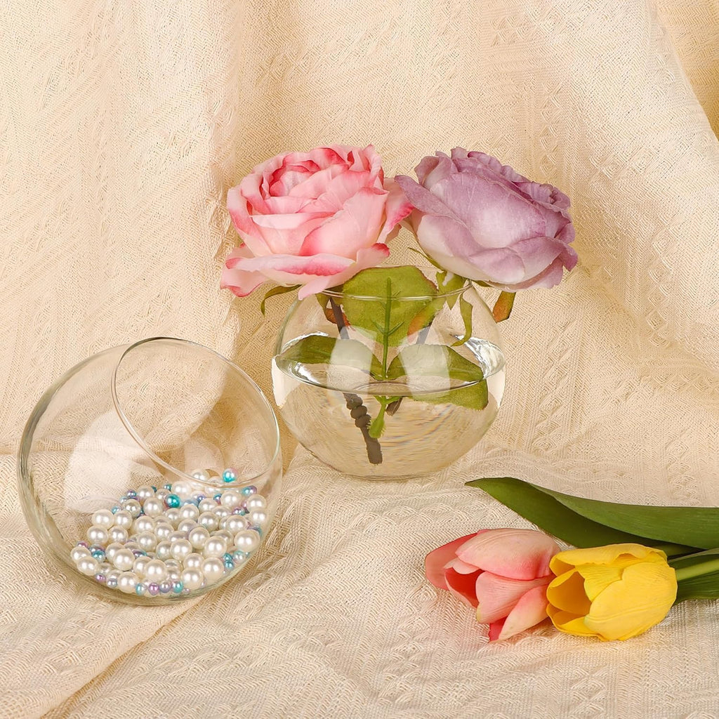 Set of 6 Clear Glass Vases, 4.7” W x 3.5” H, Round Candle Holders, Bubble Bowl, Flower Vases with Sponge Brush, Decorative Centerpieces for Wedding Home Decor