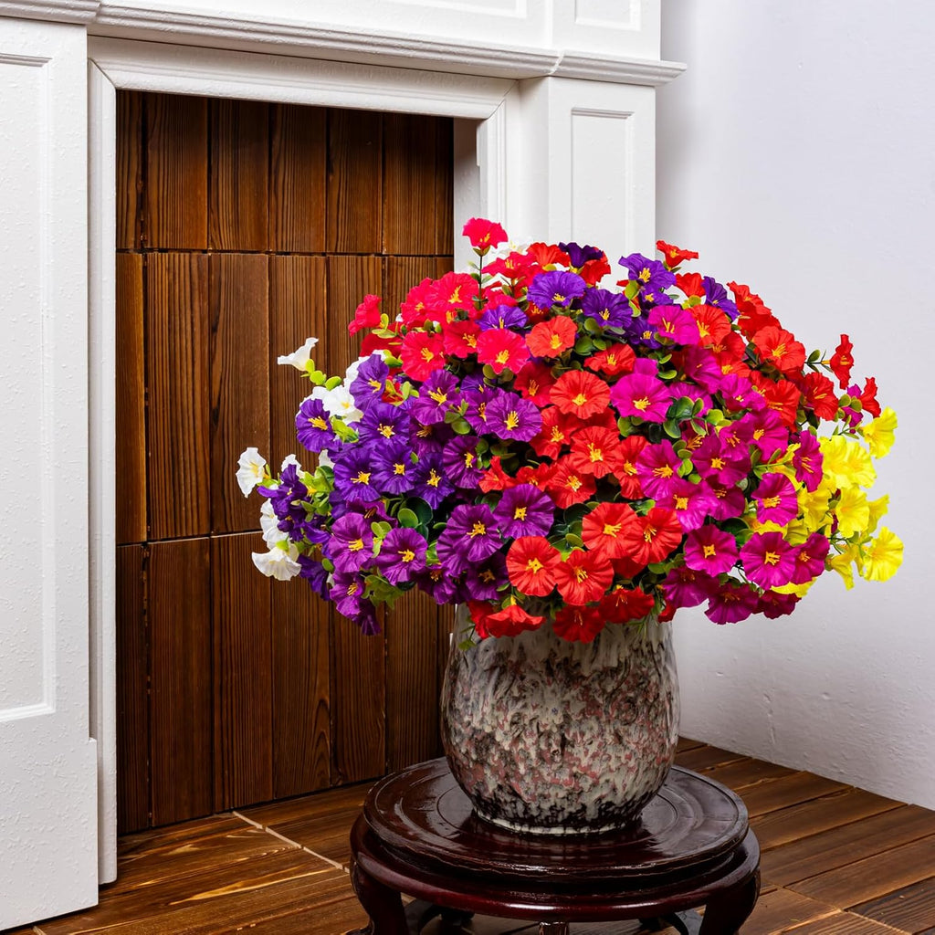 Artificial Faux Flowers for Outdoor 16 Bundles Boxwood Fake Morning Glory for Planter,UV Resistant Fake Flowers for Home Porch Patio Outside（7 Color）