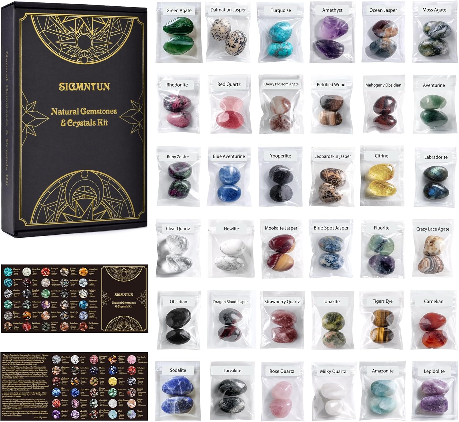 Polished Healing Crystal Stones Set – 36 Different Natural Gemstone Types, 2.5 lbs of 0.8" Tumbled Decorative Rocks for Chakra, Meditation, Reiki, Energy Work, Crafts, Gifts