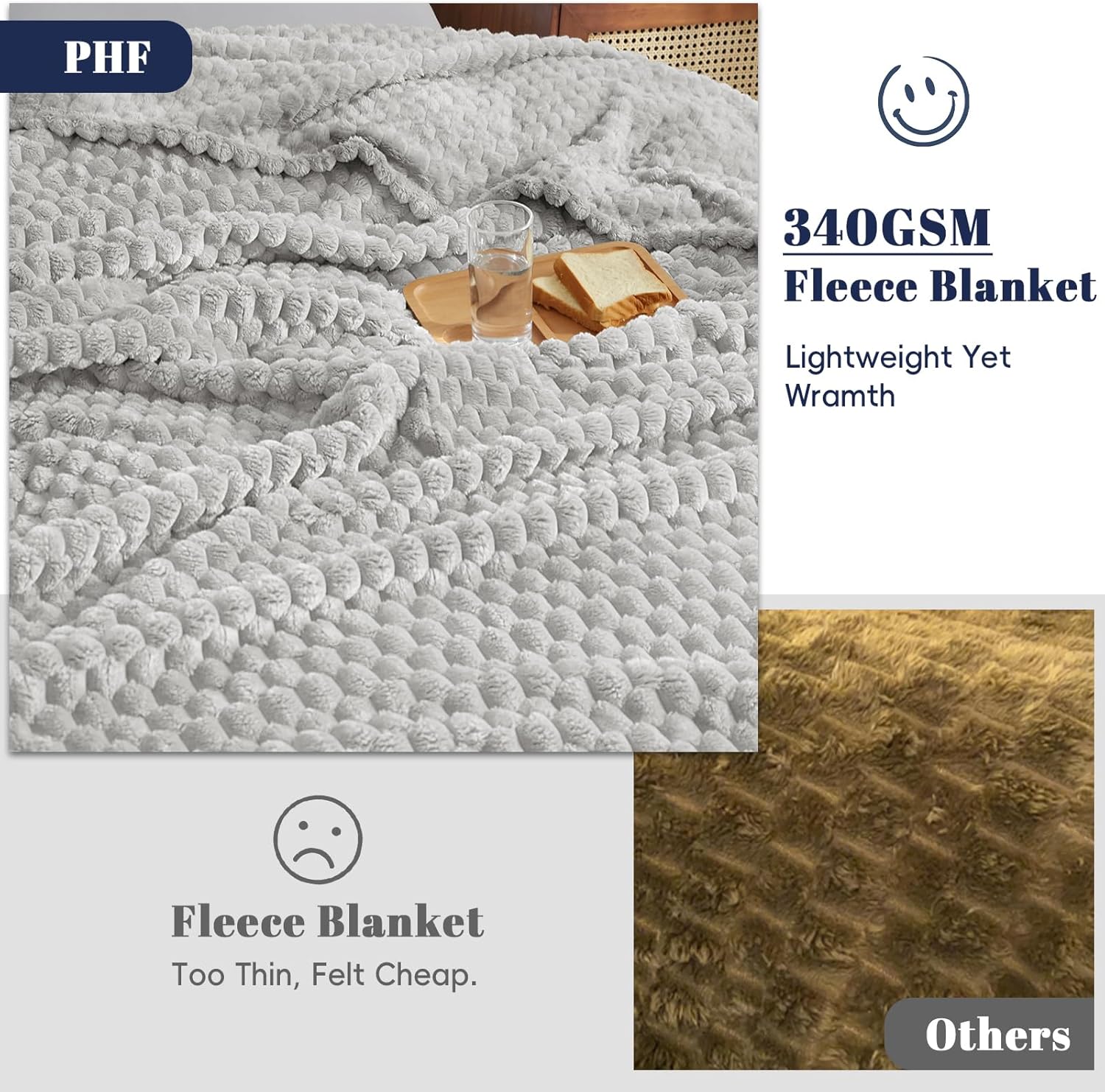 PHF Ultra Soft Flannel Fleece Blanket Queen Size, Lightweight 3D Jacquard Fleece Blanket, No Shedding, No Pilling, Luxury 340GSM Aesthetic Fluffy Cozy for Bed Room Decor, 90"x90", Light Grey