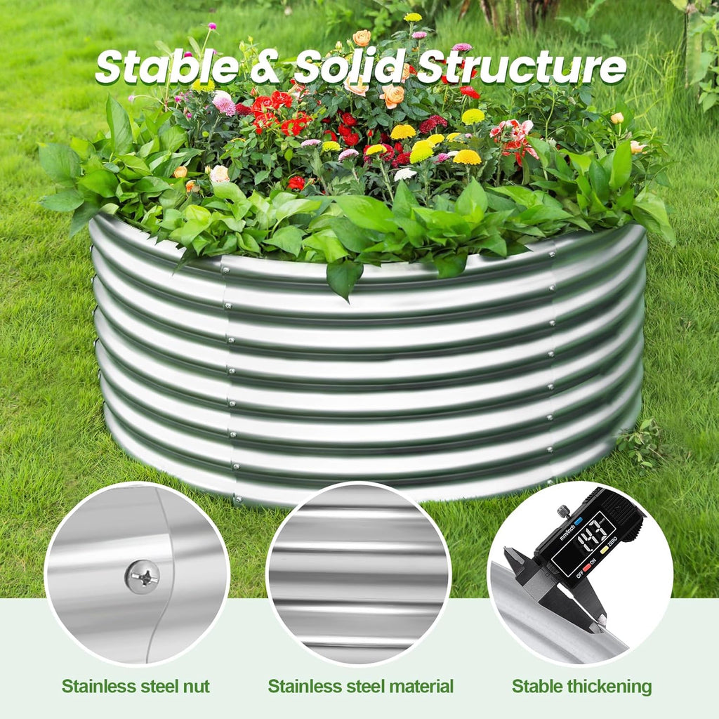 Land Guard 3×3×2ft Galvanized Raised Garden Bed Kit, Round Galvanized Planter Raised Garden Boxes Outdoor, Large Metal Raised Garden Beds for Vegetables, Silver