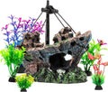Fish Tank Decorations Set Sunken Ship Decoration,Resin Material Fish Tank Plants Accessories for Natural Look, Aquarium Shipwreck x 1pc, Aquatic Plants x 5pcs