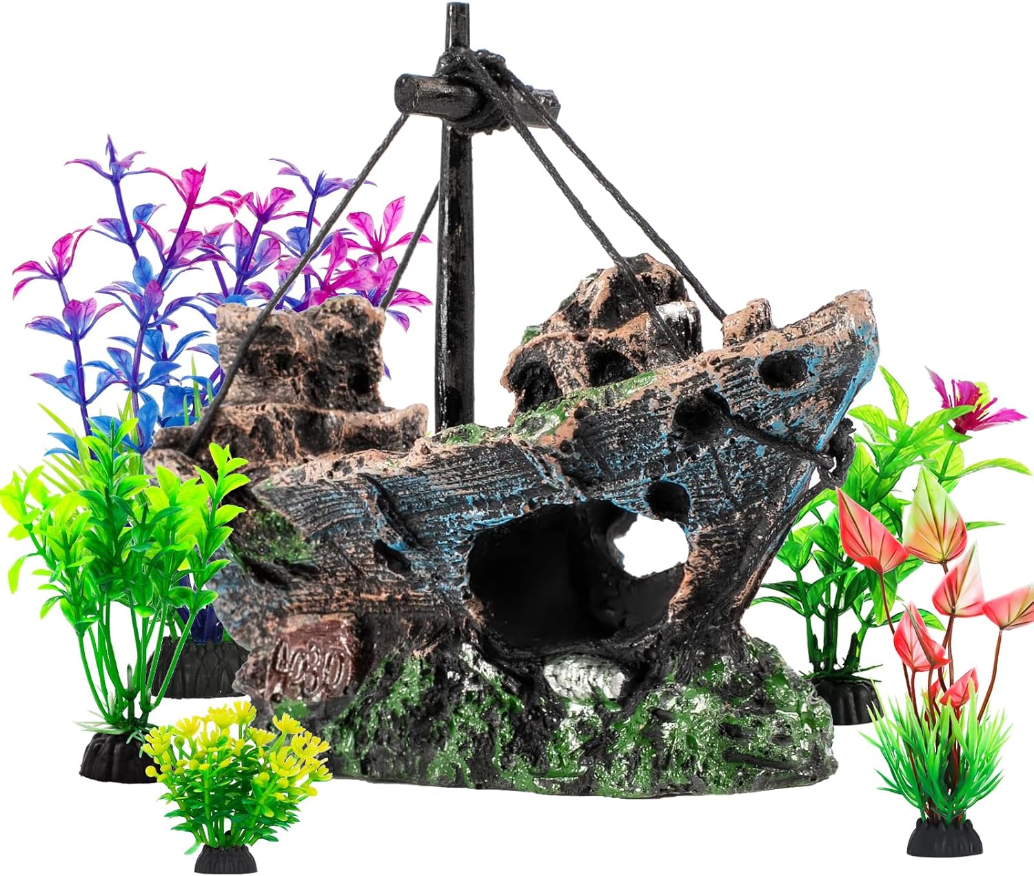 Fish Tank Decorations Set Sunken Ship Decoration,Resin Material Fish Tank Plants Accessories for Natural Look, Aquarium Shipwreck x 1pc, Aquatic Plants x 5pcs