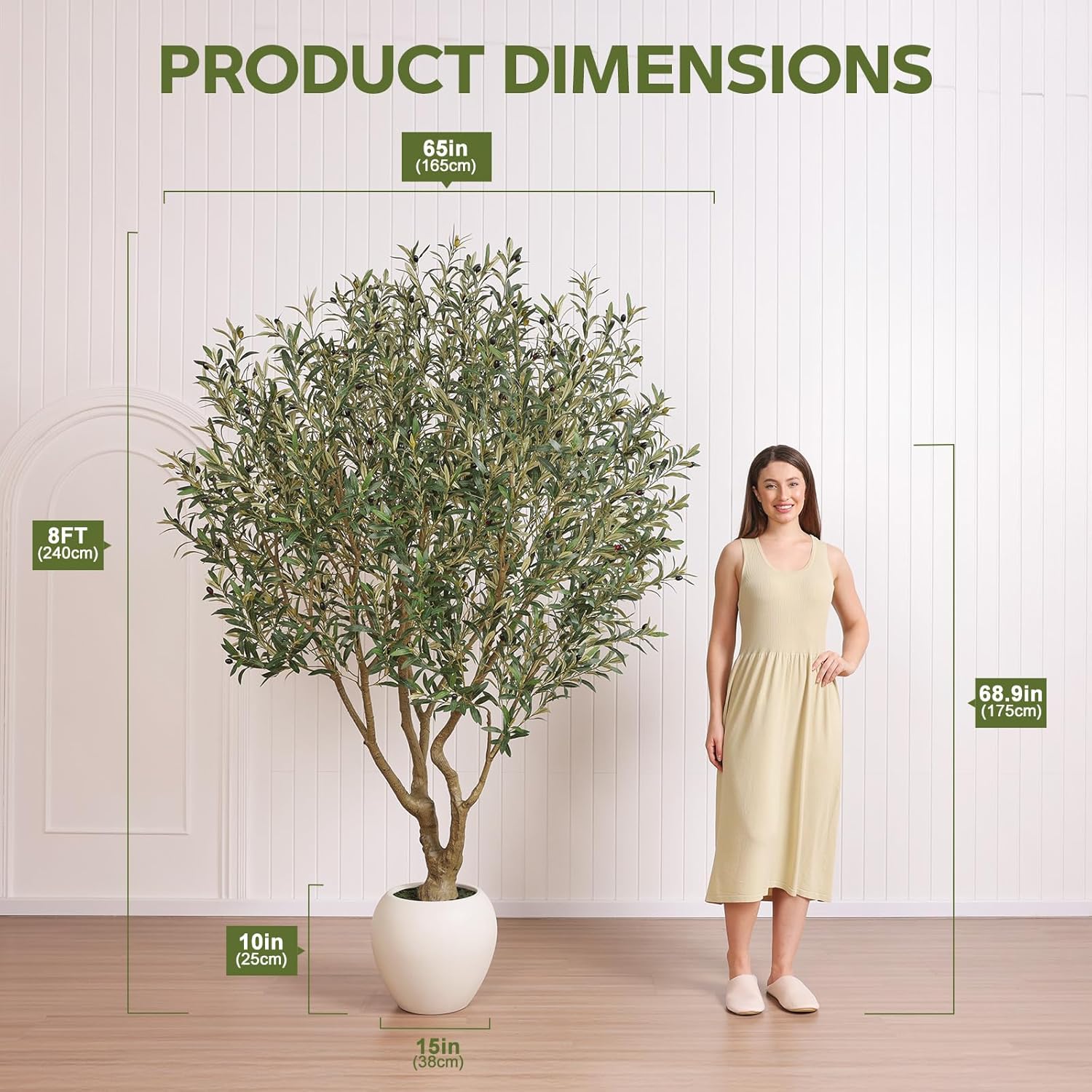 Olive Trees Artificial Indoor, 8FT Tall Faux Olive Tree with Round White Planter, UV Resistant Outdoor Large Fake Olive Plants for Modern Home Decor Living Room Office