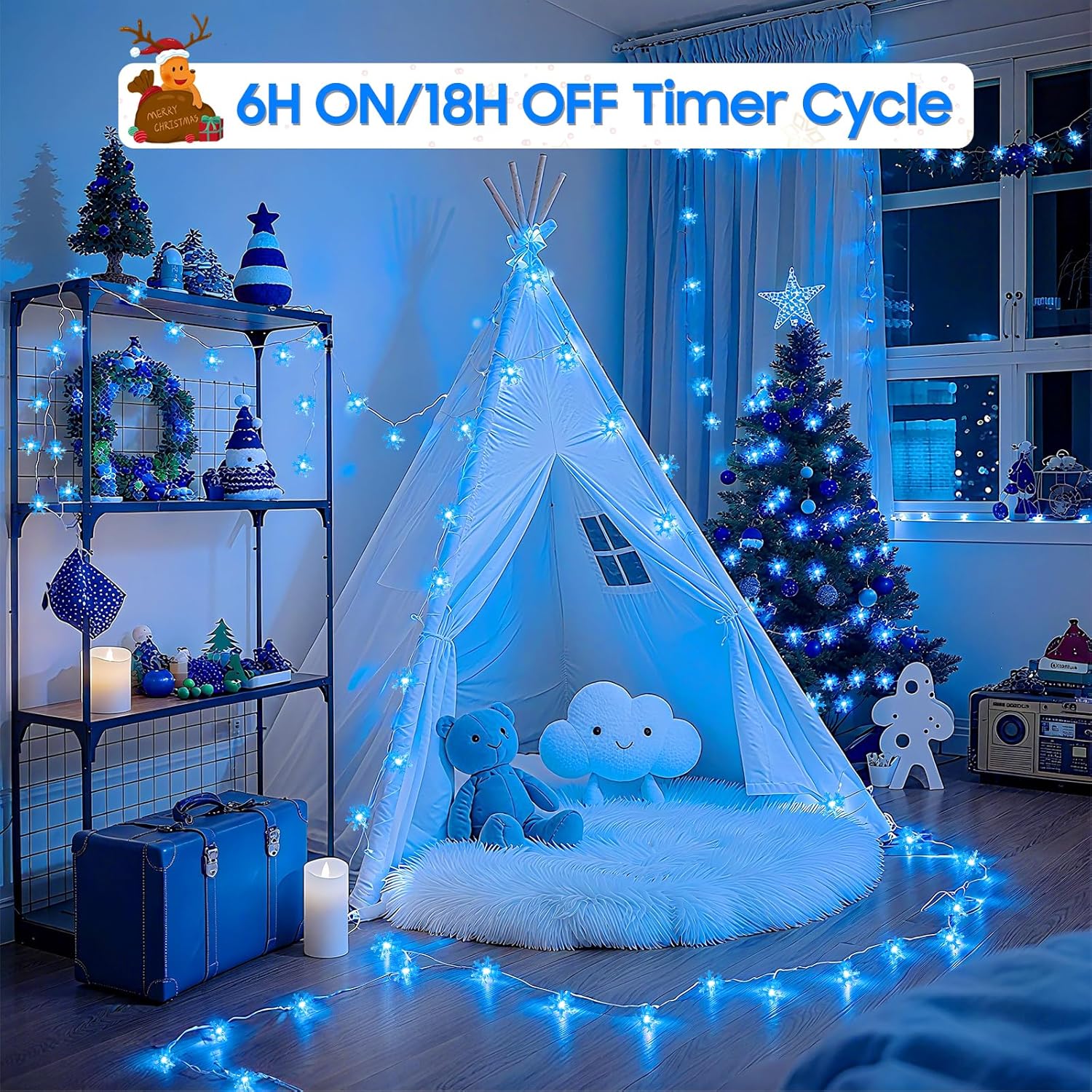 Blue Christmas Lights, Snowflake String Lights, 20FT 40 LED Mini Twinkle Lights Indoor, Rechargeable Fairy Lights Battery Operated with 8 Modes & Timer for Bedroom Party Home Xmas Tree Decorations