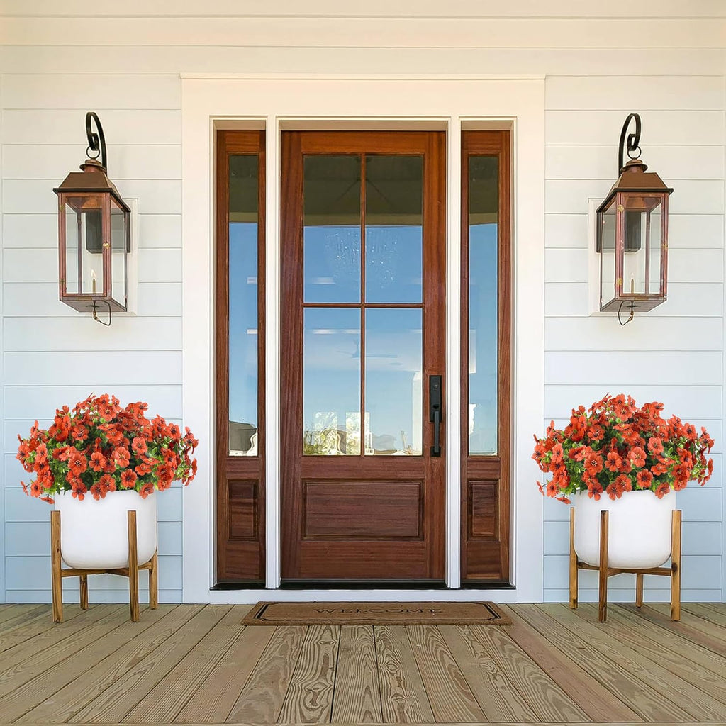12 Bundles Artificial Fall Flowers Faux Mums with Eucalyptus, Faux UV Resistant Outdoor Decor -Fake Flowers for Front Door Planter, Thanksgiving, Christmas - Spring, Summer, Fall, All Seasons(Orange)