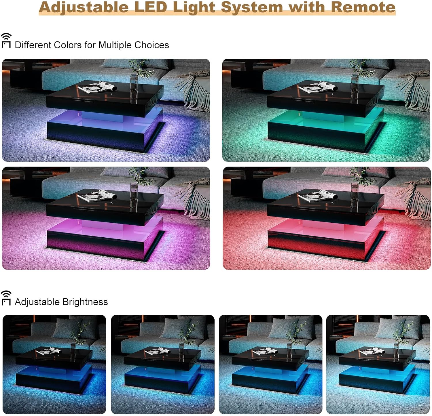 Black LED Coffee Table for Living Room, Living Room Table 2-Tier Square Middle Center Table, Modern Coffee Tables with Storage, Contemporary Wood Tea Tables for Dining Reception
