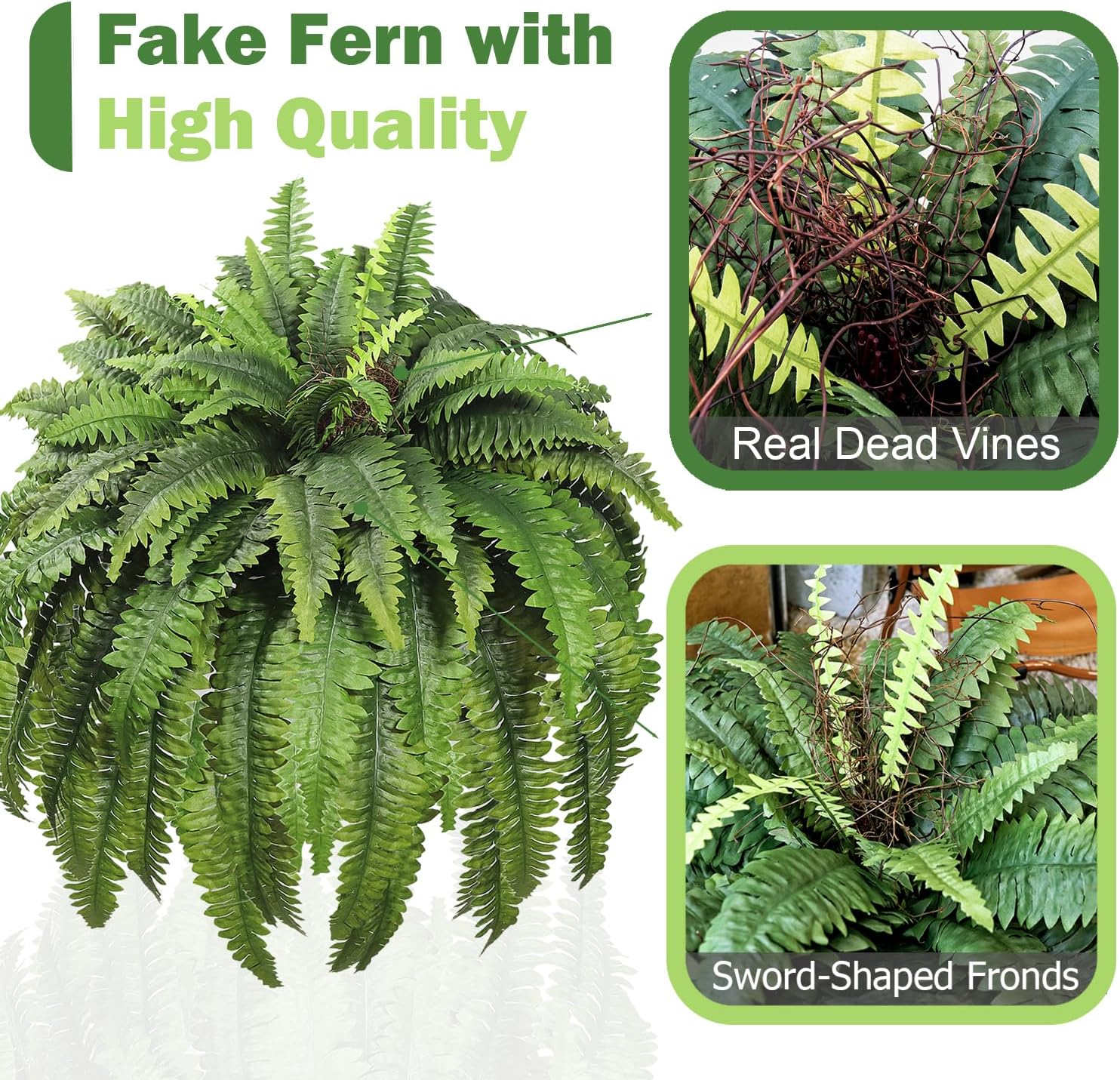 Large Artificial Ferns for Outdoor 96 Fronds Fake Boston Fern Faux Ferns Plant Silk Greenery for Indoors Home Garden Porch Windowsill Decor (1 Stem)