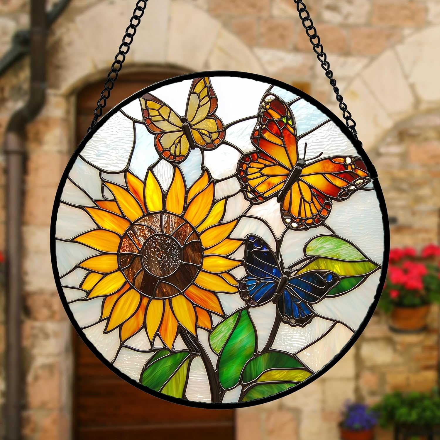 Stained Glass Window Hanging, Butterfly and Sunflowers Sun Catchers Glass Panel Plant Insects Suncatcher Decor for Birthday for Women, Men, Wife, Aunt, and Mom 9.8 in