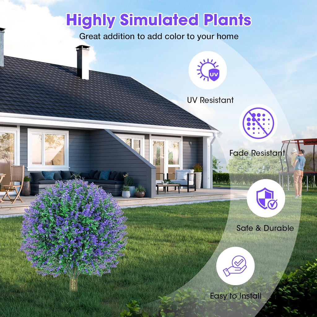 25.6" Artificial Lavender Topiary Ball Plants, 2 Pack Faux Bushes with Spike – UV Resistant & Fade Resistant Artificial Shrubs, Fake Lavender Trees for Indoor Outdoor Front Porch Garden
