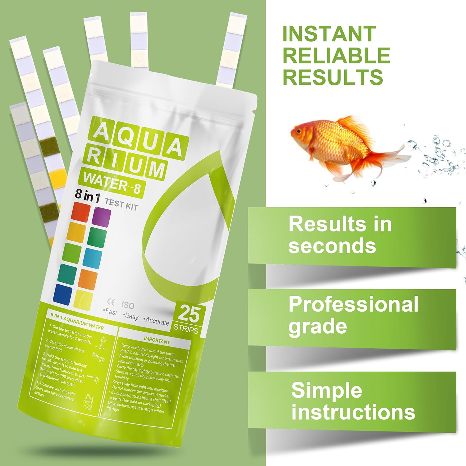 AAwipes Aquarium Ammonia Test Strips 8-in-1 |25 Strips | Quick & Accurate Water Testing Test pH, Carbonate, Alkalinity, Hardness, Chlorine, Nitrite, etc. (K02-25)